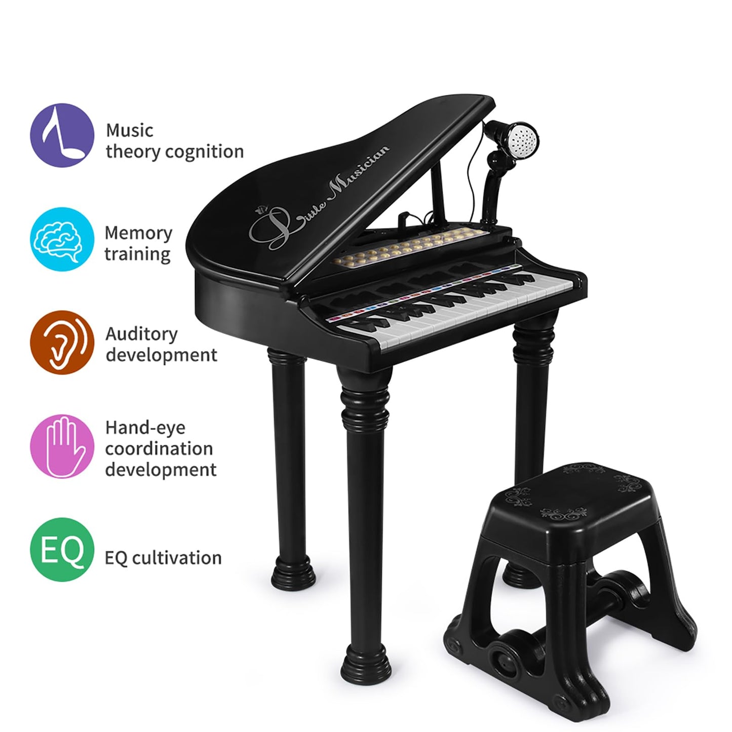 Losbenco Kids Piano Keyboard Toy, Toddler Electronic Musical Instrument Educational Toy with Microphone, Multiple Sounds, Record Playback, Lights & Stool, Birthday Gift for 3 4 5 6 7 Years Old Girls