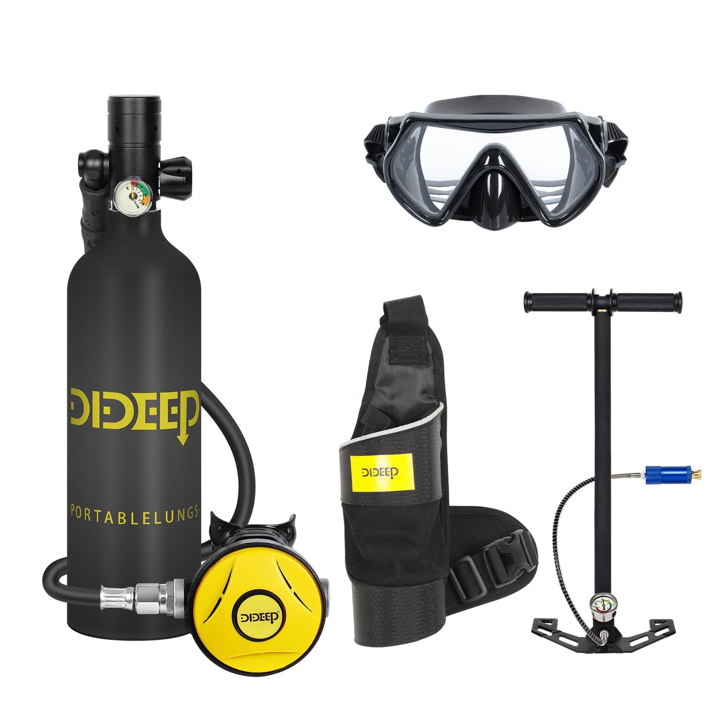 DIDEEP Scuba Tank 1L Capacity Mini Scuba Tank Support About 15-20 Minutes Underwater Breathing Portable Lung Tank with High Pressure Hand Pump for Emergency Rescue Underwater Exploration(Black)