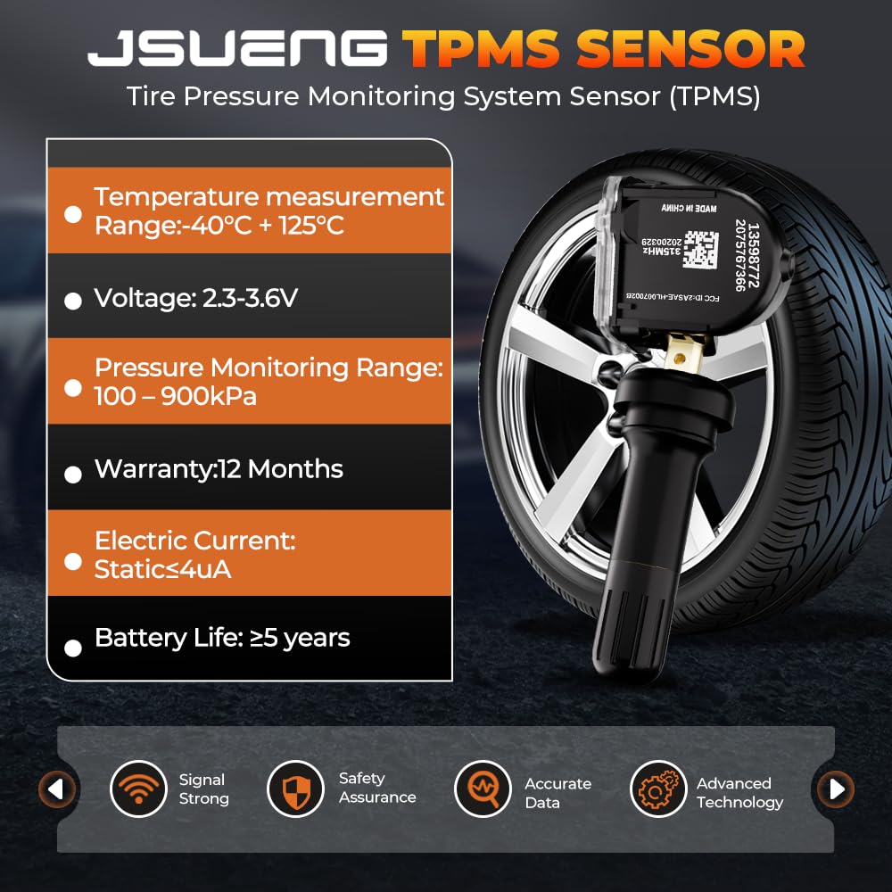 Jsueng 13598772 TPMS Sensor, GM Tire Pressure Monitoring System Sensor for Chevy Silverado Buick Cadillac GMC Hummer Saturn SAAB, 315mhz Replaces 13586335 13598771 13581558 Set of 4