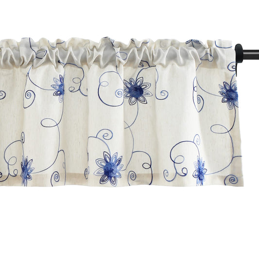 VOGOL Blue Floral Window Curtain Valance, Elegant Botanical Flowers & Vines Embroidered Window Treatment Valance, 1 Panel for Kitchen Cafe Living Room, 52 x 14 Inch, Blue