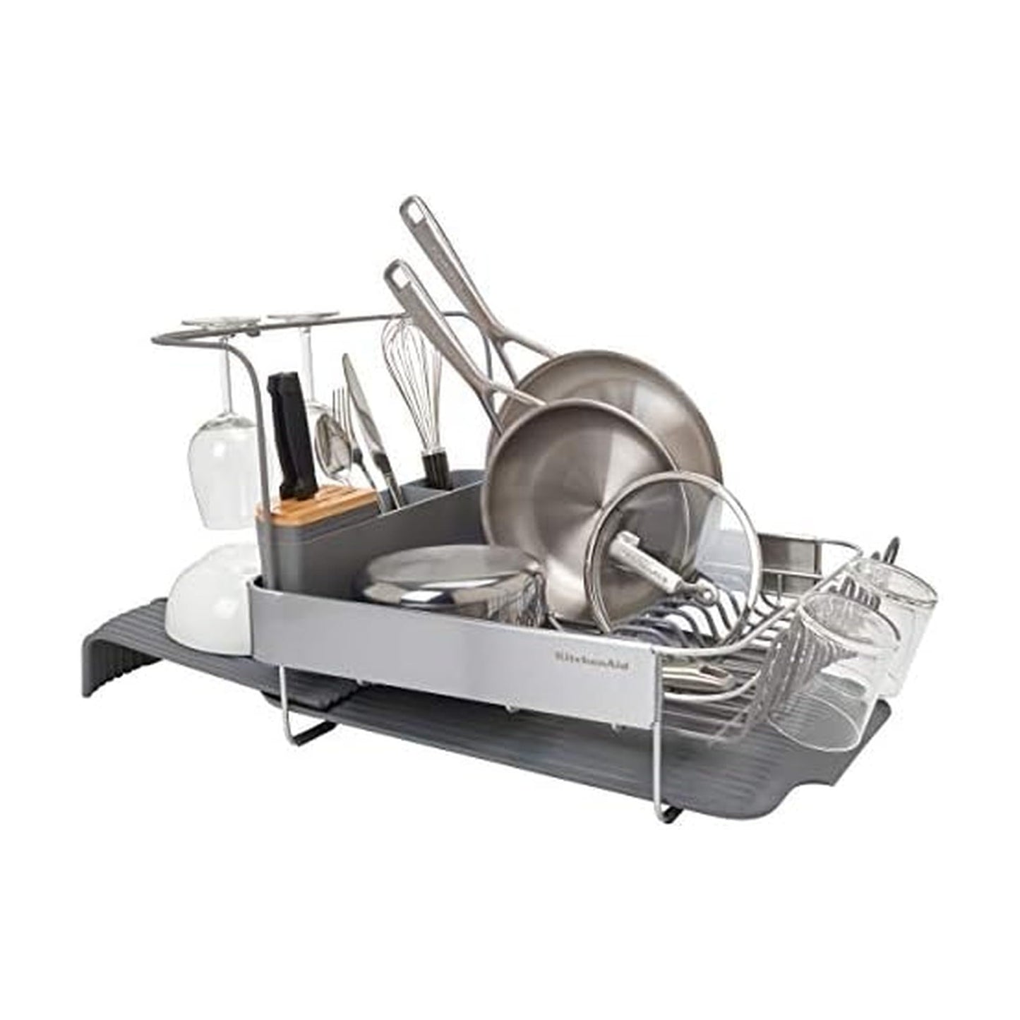 KitchenAid Compact to Full Size Expandable, Rust Resistant Satin Coated Dish Rack with Angled Self Draining Drain Board and Removable Flatware Caddy, 24-Inch, Charcoal