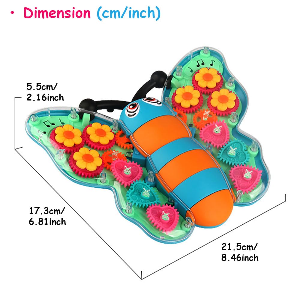 Miracland Transparent Gear Butterfly Toy, Light-up Bump & Go Car Toy Toddler Musical Toy 3D Gears Butterfly Crawling Toy for Kids with Lights and Music