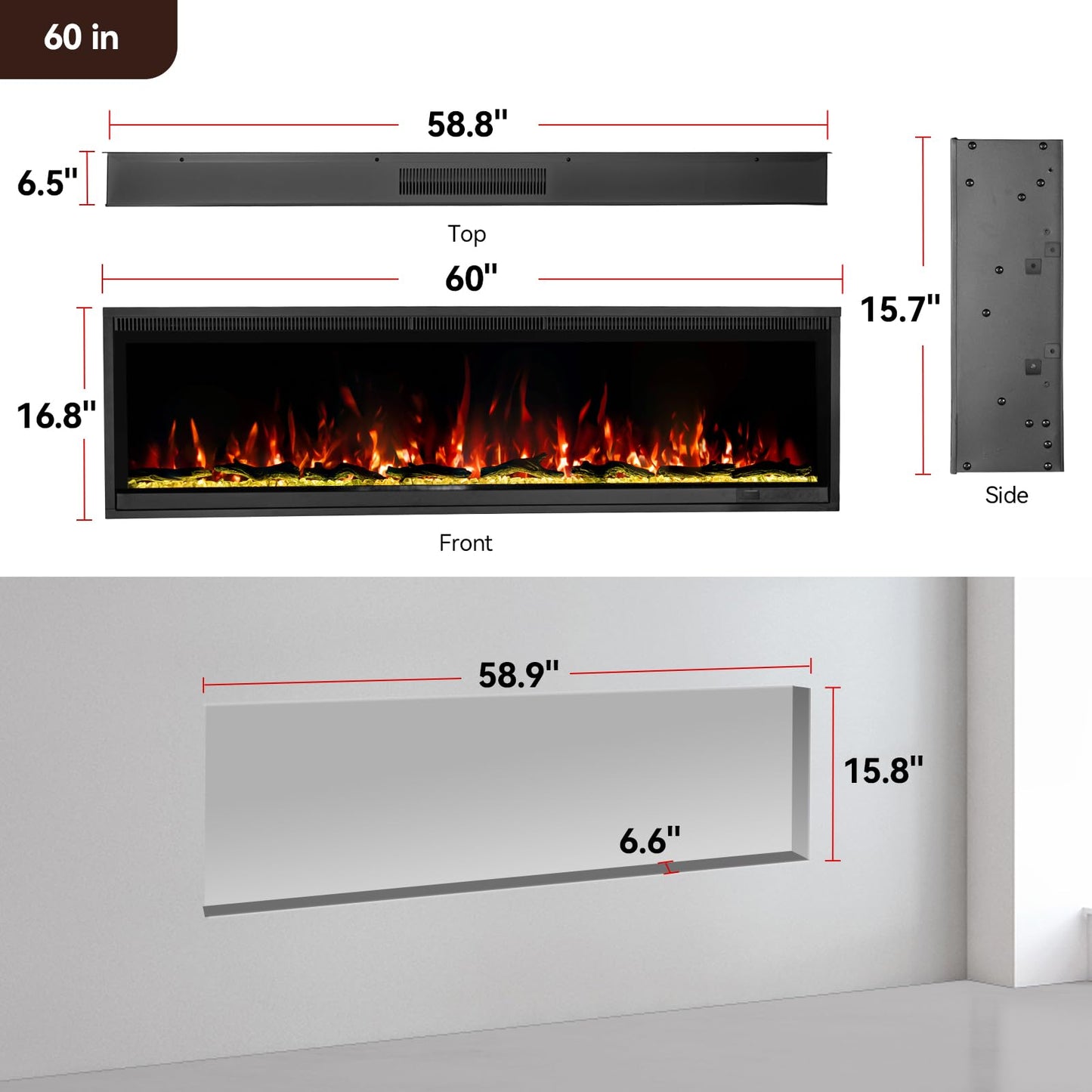 60" Linear Electric Fireplace Heater Insert: Ultra-Narrow Frame Wide Screen, 13 Flame & Ember Colors, 3 Top Light Colors. Wall Mount/Recessed,1500W/750W with Remote & Touch Control, Log & Crystal Set