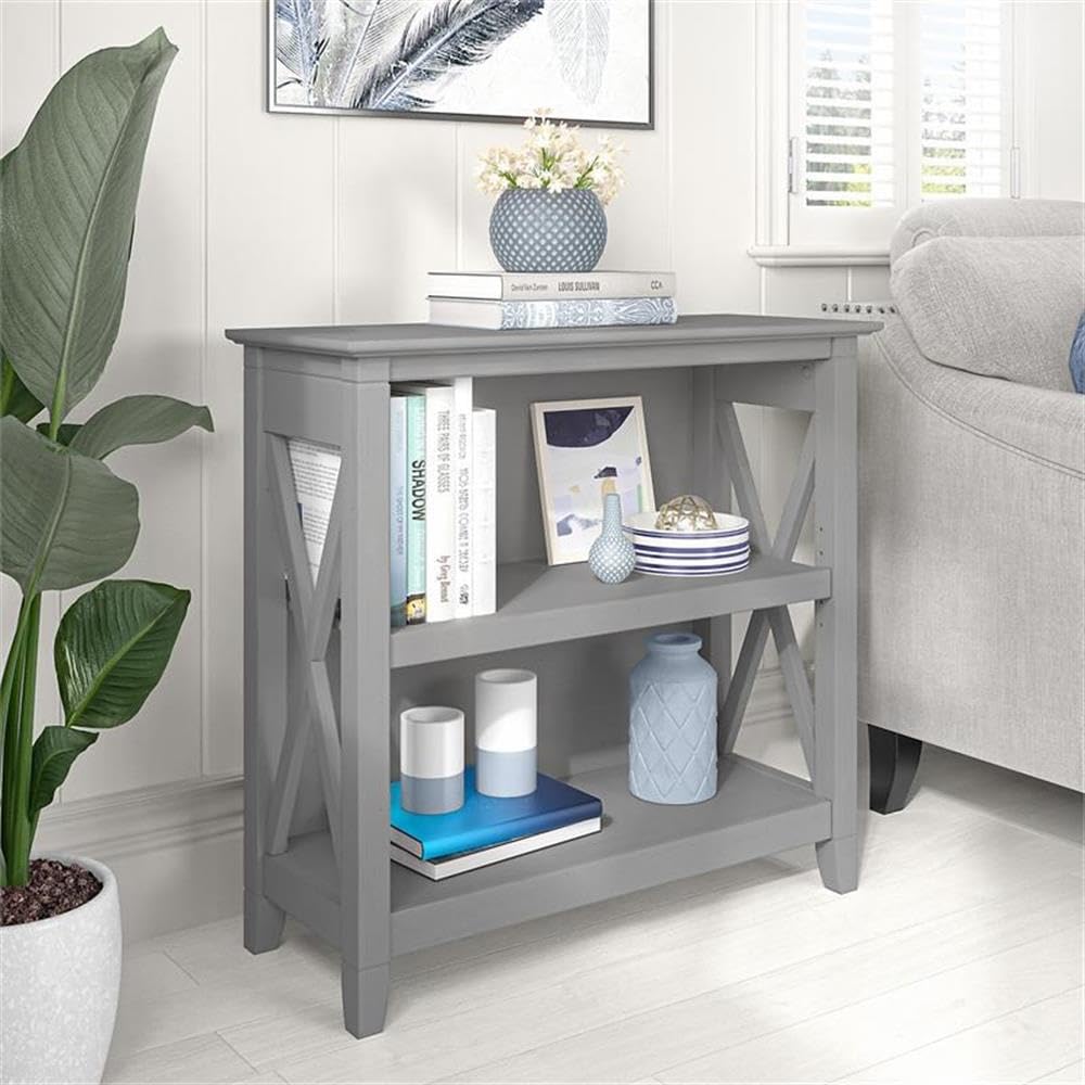 Bush Home Key West Small 2 Shelf Bookcase in Cape Cod Gray, Compact Home Organizer, Vertical Storage Solution, Bookshelf for Office or Living Room