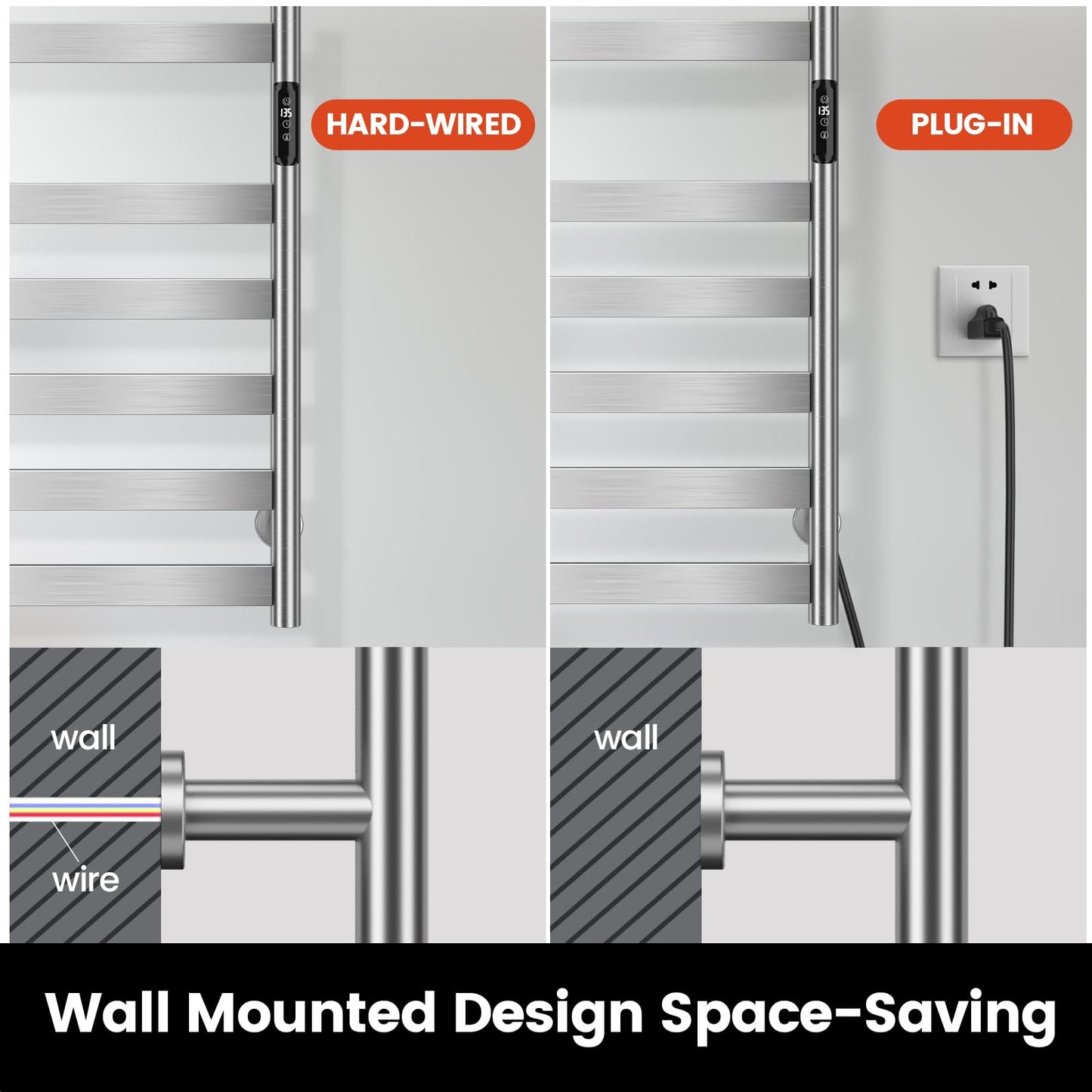 Electric Towel Warmer Rack, 10-Bar Stainless Steel Heated Tower Rack with Built-in Timer, Wall Mounted, Plug-in/Hardwired (Silver)