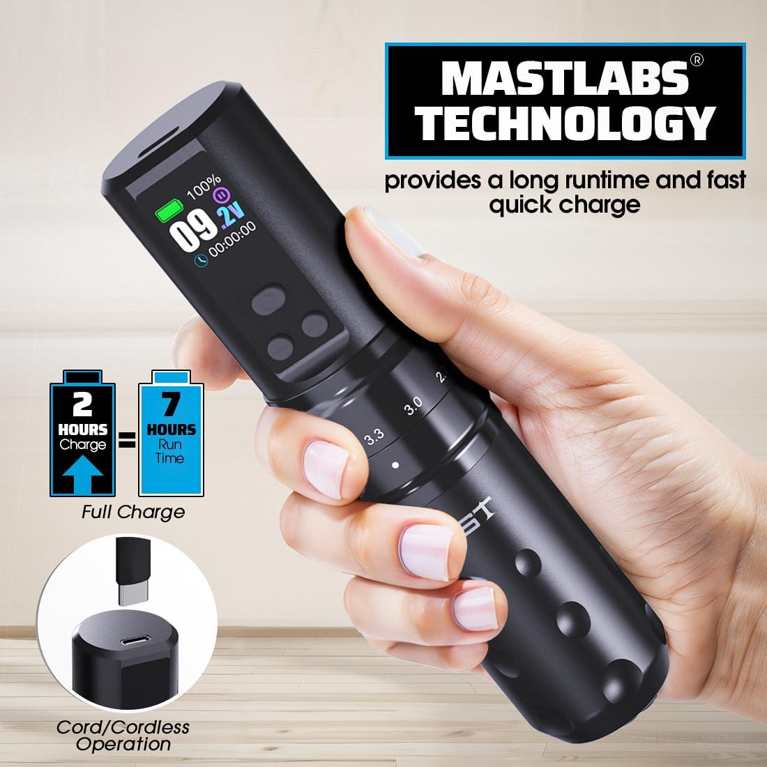Mast Fold2 Pro Tattoo Gun, Wireless Rotary Tattoo Pen Machine, Real 7 Strokes Length, 2 Batteries 2,000mAh Power Supply Extra Battery, Mcore Tattoo Motor P-076