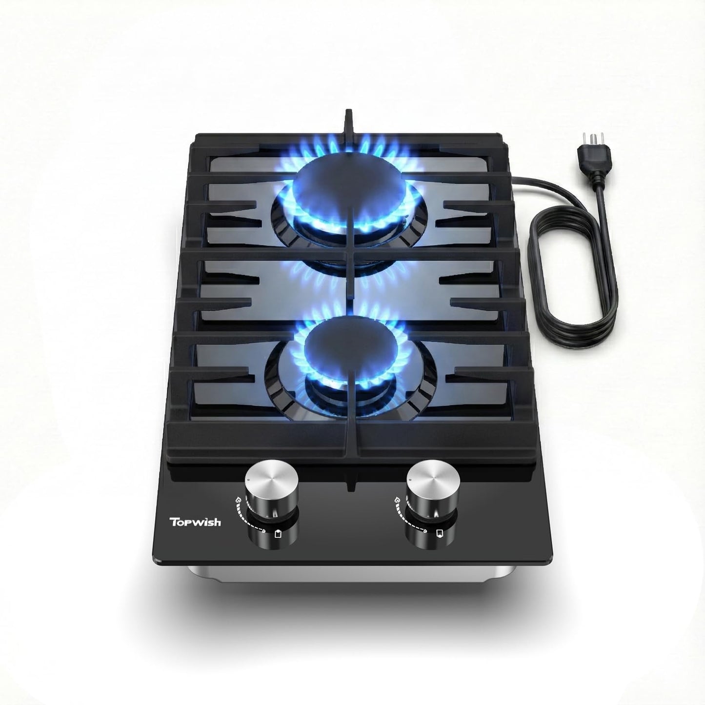 TOPWISH 12 Inch Gas Cooktop 2 Burner, Propane Stove Top 18,000 BTU Black Tempered Glass LPG/NG Convertible Dual Fuel Built-in Natural Hob with Thermocouple Protection for Rvs Kitchens Apartment Indoor