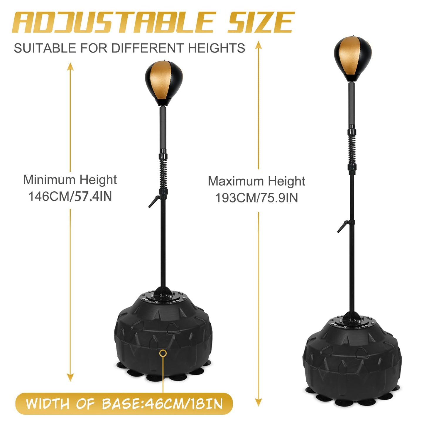Standing Reflex Speed Bag with Thick Base, Adjustable Height & Reinforced Spring (Golden Black)