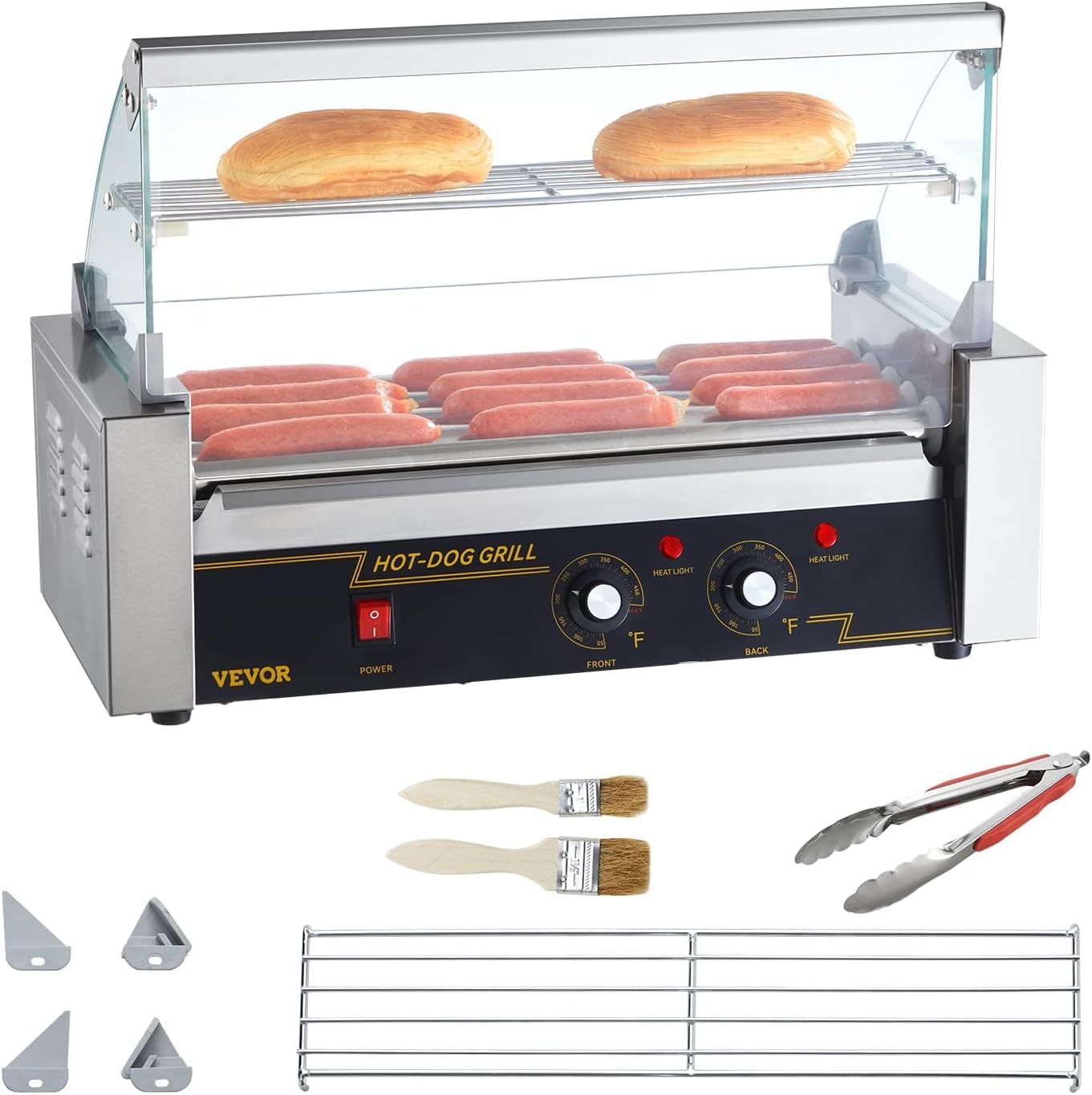 VEVOR Hot Dog Roller, 12 Hot Dog Capacity 5 Rollers, 750W Stainless Steel Cook Warmer Machine with Cover & Dual Temp Control, LED Light & Detachable Drip Tray, Sausage Grill Cooker