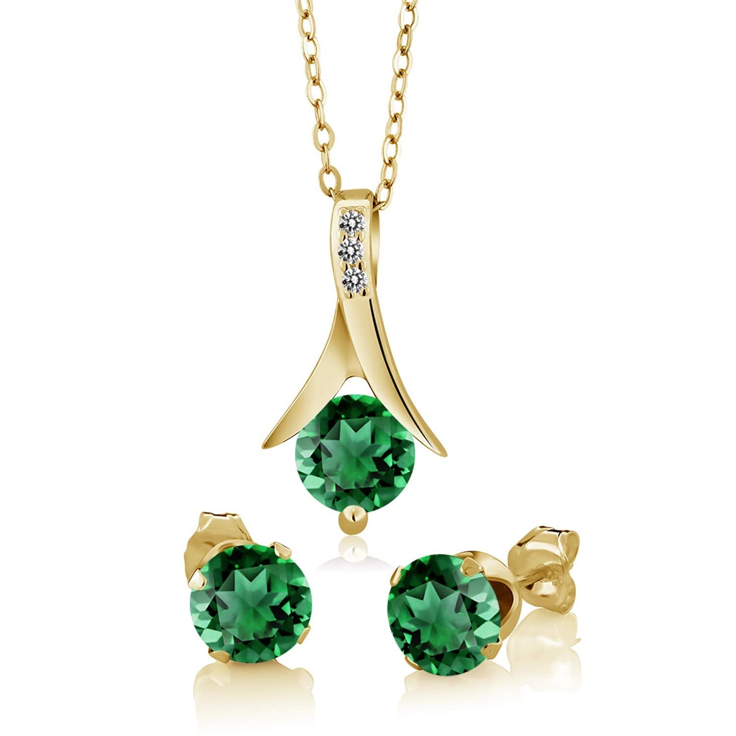Gem Stone King 18K Yellow Gold Plated Silver Simulated Emerald and White Diamond Pendant Earrings Jewelry Set For Women | 2.36 Cttw | With 18 Inch Chain | Fine Jewelry Gifts for Her Mom Women Wife