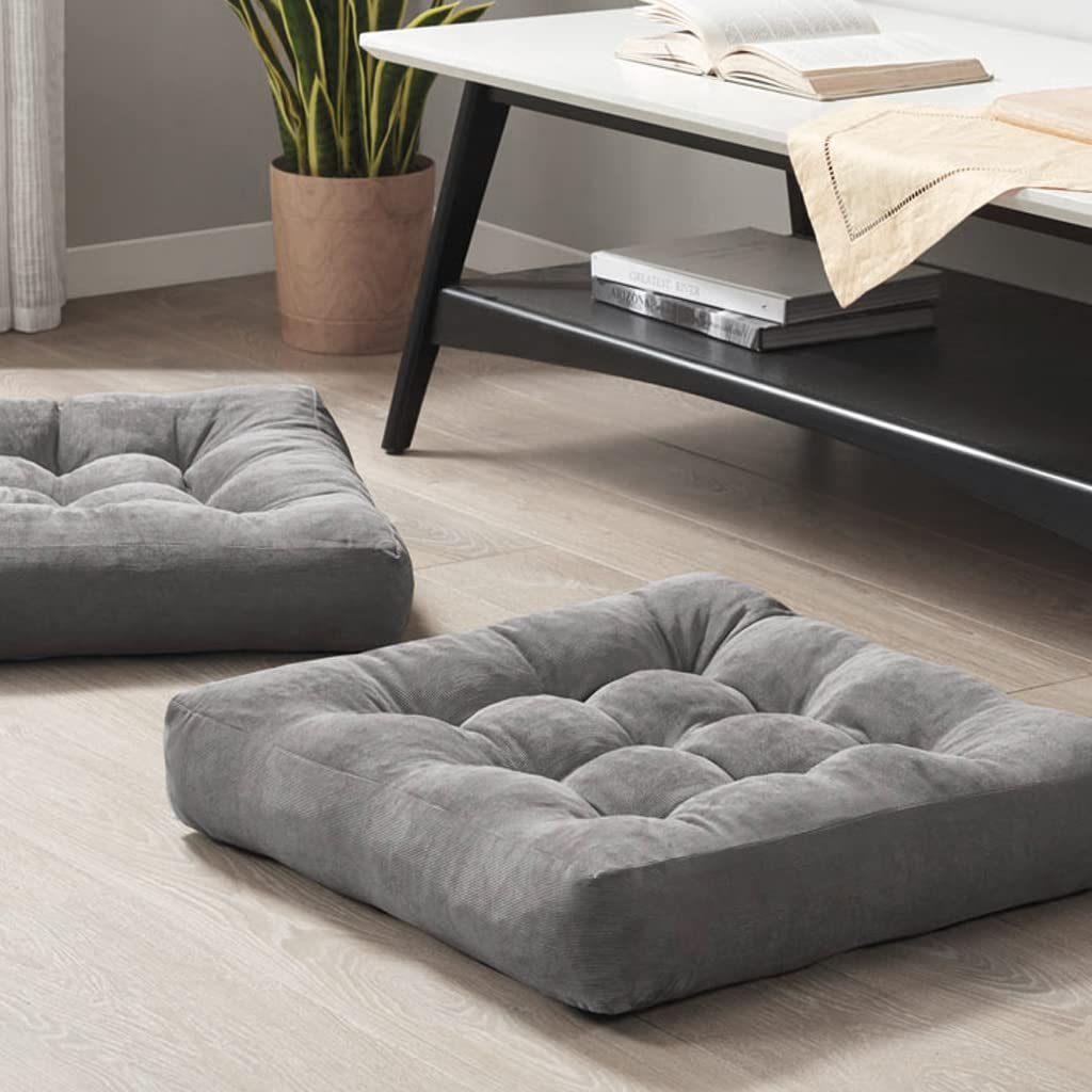 Meditation Floor Pillow Set of 2, Square Large Pillows Seating for Adults, Tufted Corduroy Cushion for Reading Nook, Classroom and Living Room, Grey, 22x22 Inch
