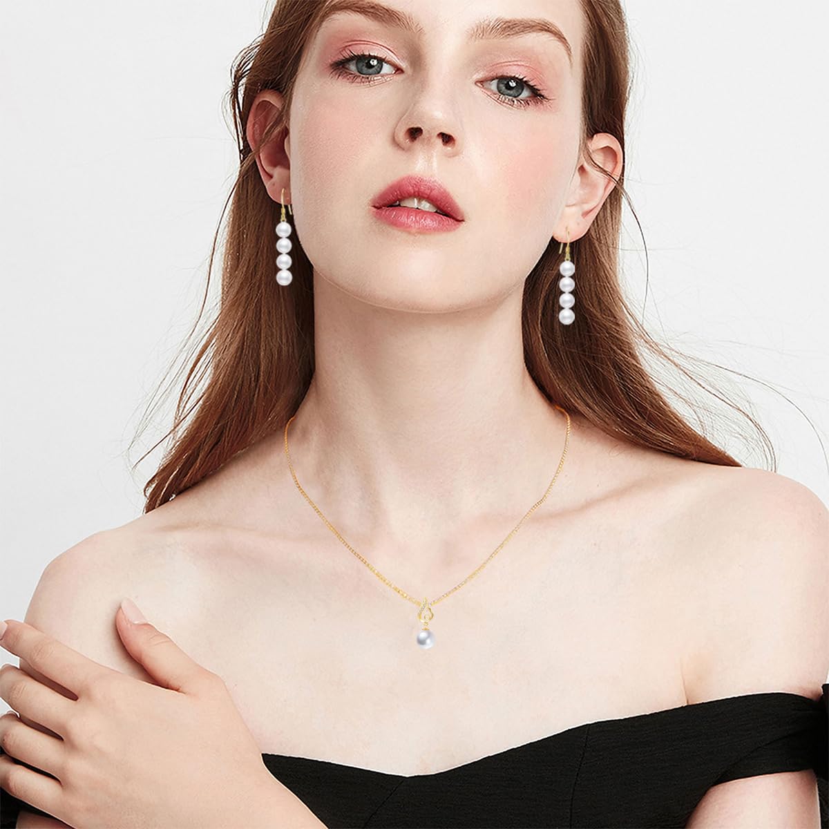 14K Gold Cubic Zirconia Wing Freshwater Cultured Pearl Necklace and Dangle Earrings Set, Fine Jewelry for Women