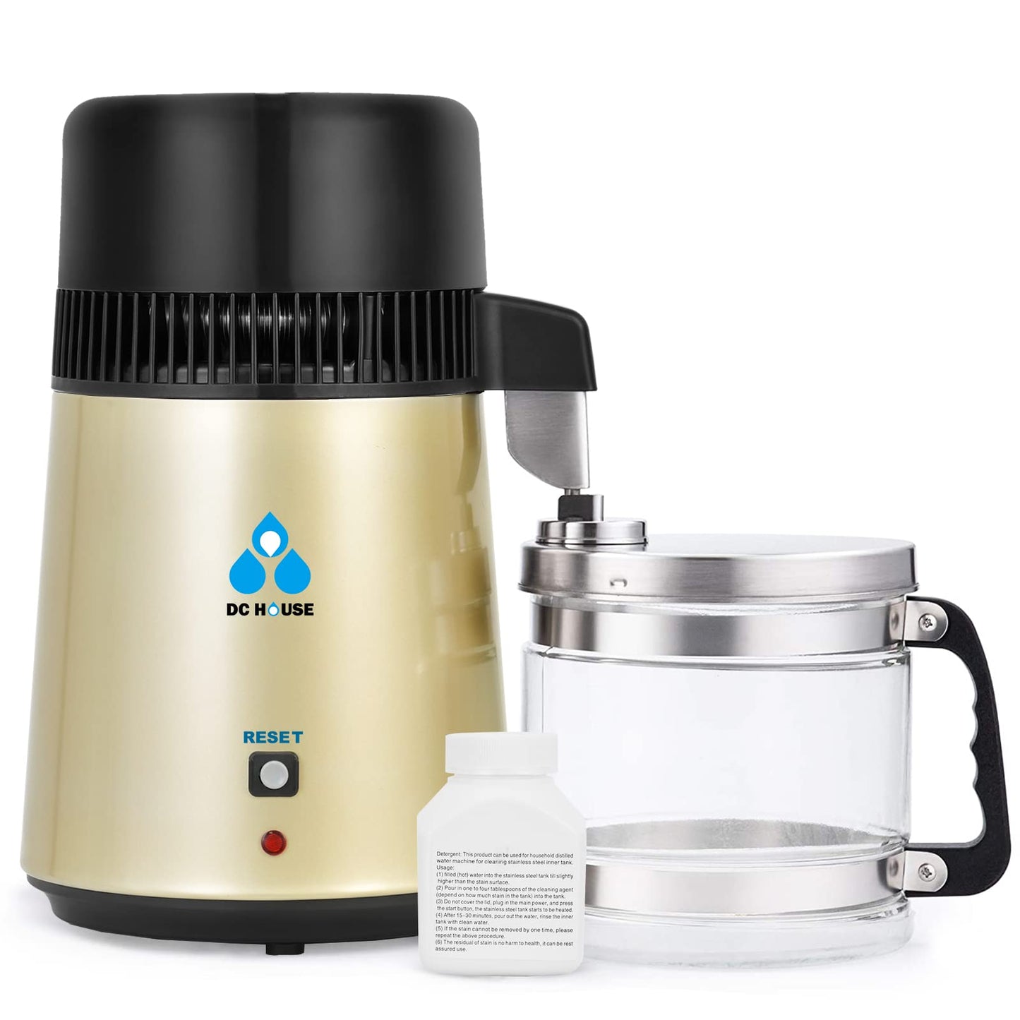 DC HOUSE Upgrade Water Distiller, 304 Stainless Steel 1 Gallon Distilled Water Maker Machine for Home Countertop Table Desktop, 750W 4L Making Machine with On Off Switch, Glass Container