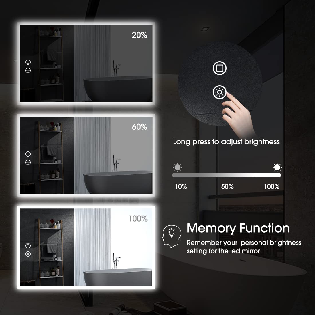 Evokor 40 x 24 Inch Led Smart Bathroom Mirror with Lights, Anti Fog, White/Warm/Natural Light, Dimmable, Lighted Vanity Mirror Wall Mounted, CRI92, IP54 Waterproof (Horizonal & Vertical
