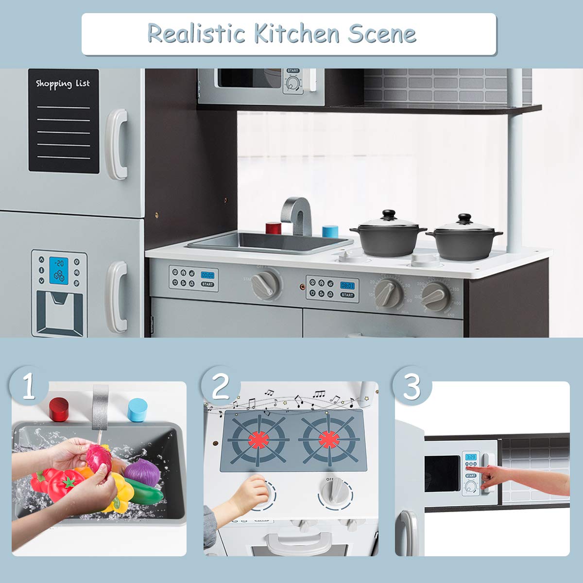 Costzon Kids Play Kitchen, Wooden Kids Kitchen Playset w/Realistic Sound, Microwave, Oven, Washing Machine, Refrigerator, Sink, Toy Kitchen, Gift for Boys Girls Age 3+