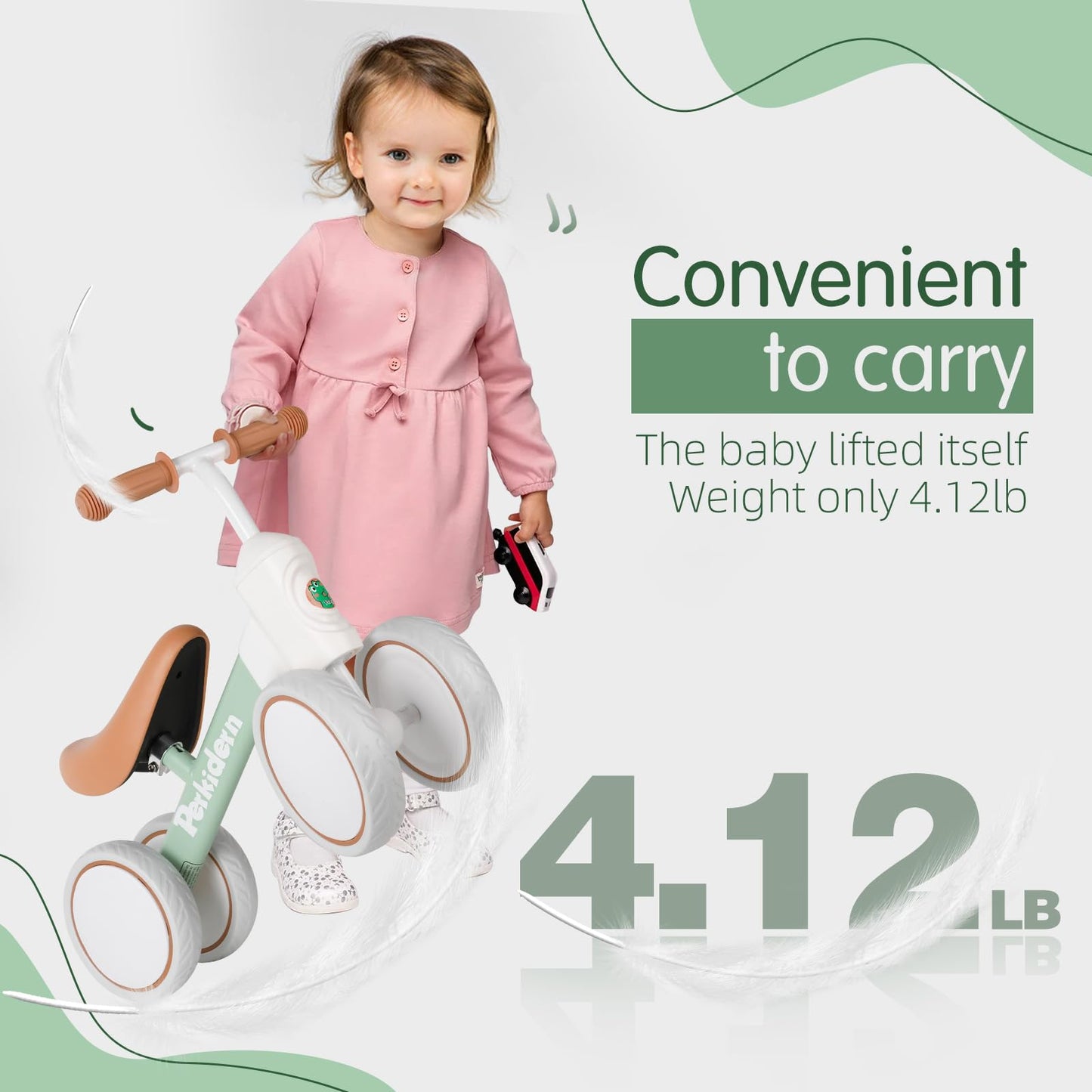 PerKidern Baby Balance Bike for 1-3 Year Old Boys Girls, 12-36 Month Toddler Balance Bike, 4 Wheels Baby Bike Toddler First Birthday Gifts (Green)