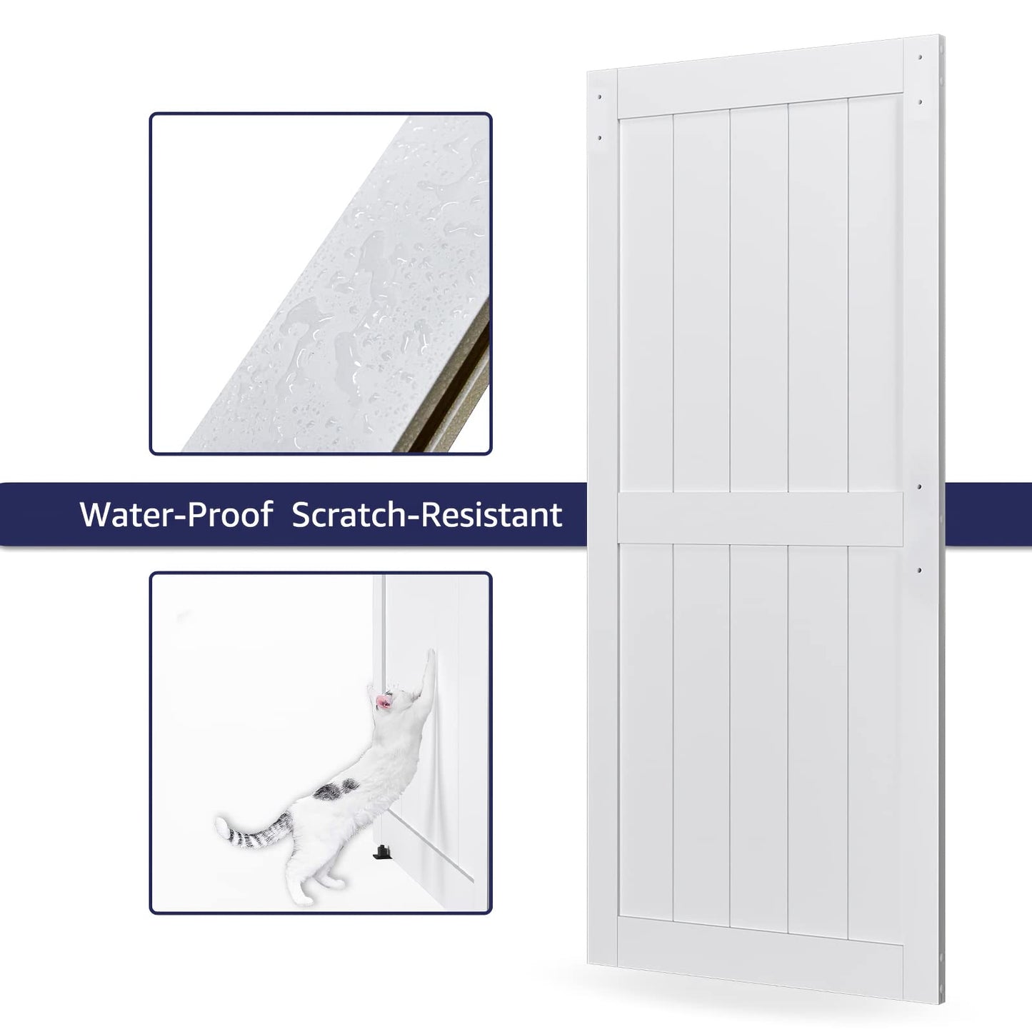 COSHOMER 36in x 84in MDF Sliding Barn Door with 6.6ft Barn Door Hardware Kit & Handle, Pre-Drilled Holes Easy Assembly -Solid Barn Door Slab Covered with Water-Proof PVC Surface, White, H-Frame
