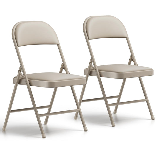 Folding Chairs 2 Pack, PU Leather Padded Folding Chairs for Outside and Indoor, Heavy Duty Portable Foldable Metal Commercial Seat for Home Office, Dorm, Party, Backyard, Lawn, Patio, Khaki