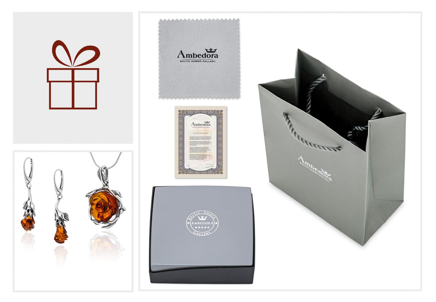 AMBEDORA Women's Jewellery Set Amber 060B, Oxidised Sterling Silver, Hand Carved Amber Roses in Cognac Colour, Silver Pendant on Chain and Earrings