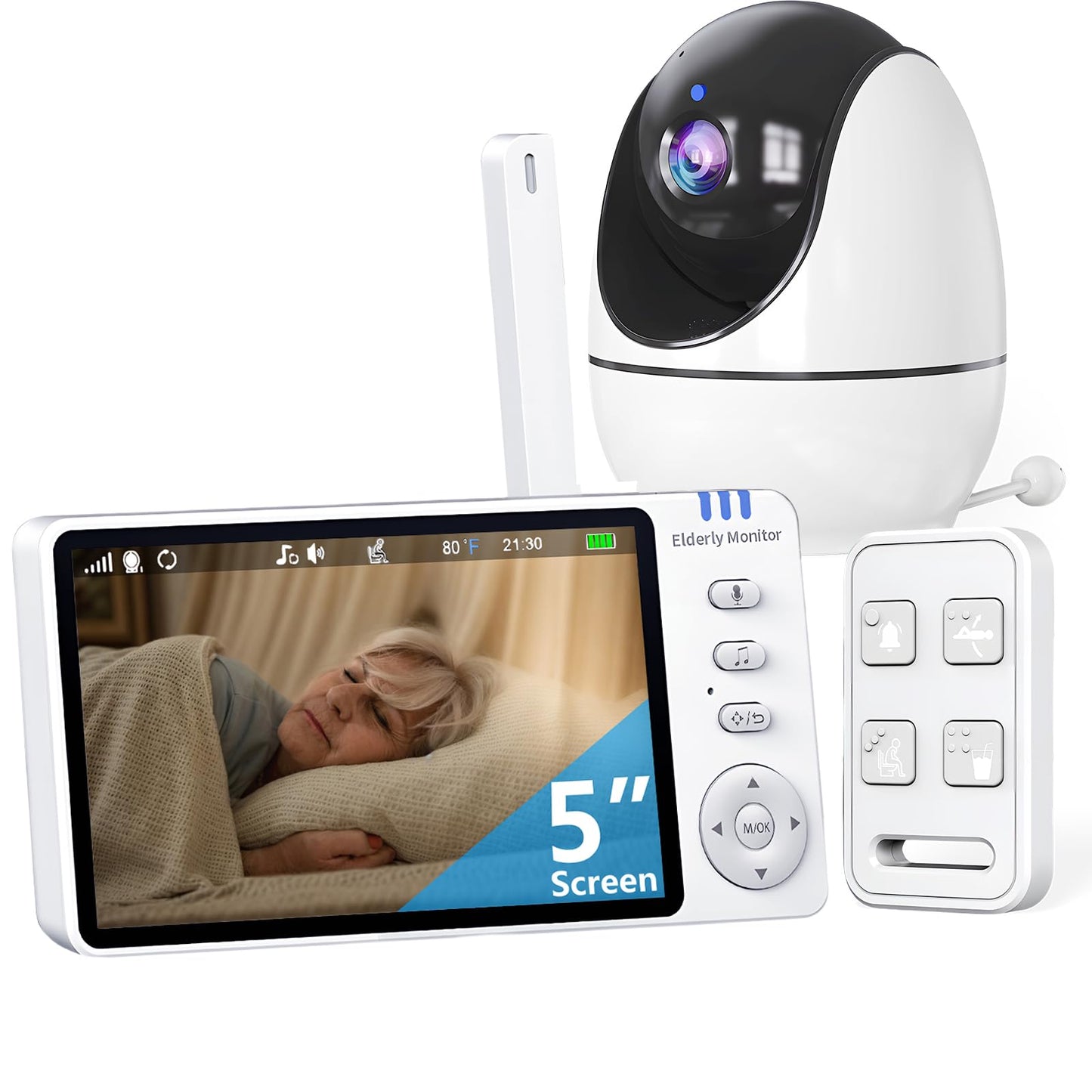 Elderly Monitor with Camera and Audio & Call Button, 2-Way Talk Room Monitors for Elderly, Med Reminder Temp Alert Baby Monitors for Elderly Care & Caregivers, PTZ Camera for Senior Monitoring/No WiFi