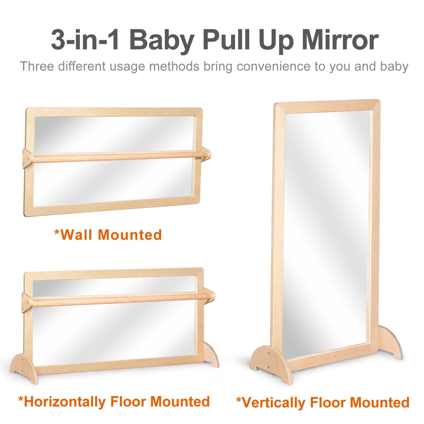 KRAND 3-Position Montessori Shatterproof Safety Baby Mirror w/Pull Up Handrail, Infant Coordination Mirror Set, Kid's Classroom Furniture for Nursery, Daycare, Homeschool or Preschool (Natural Pura)