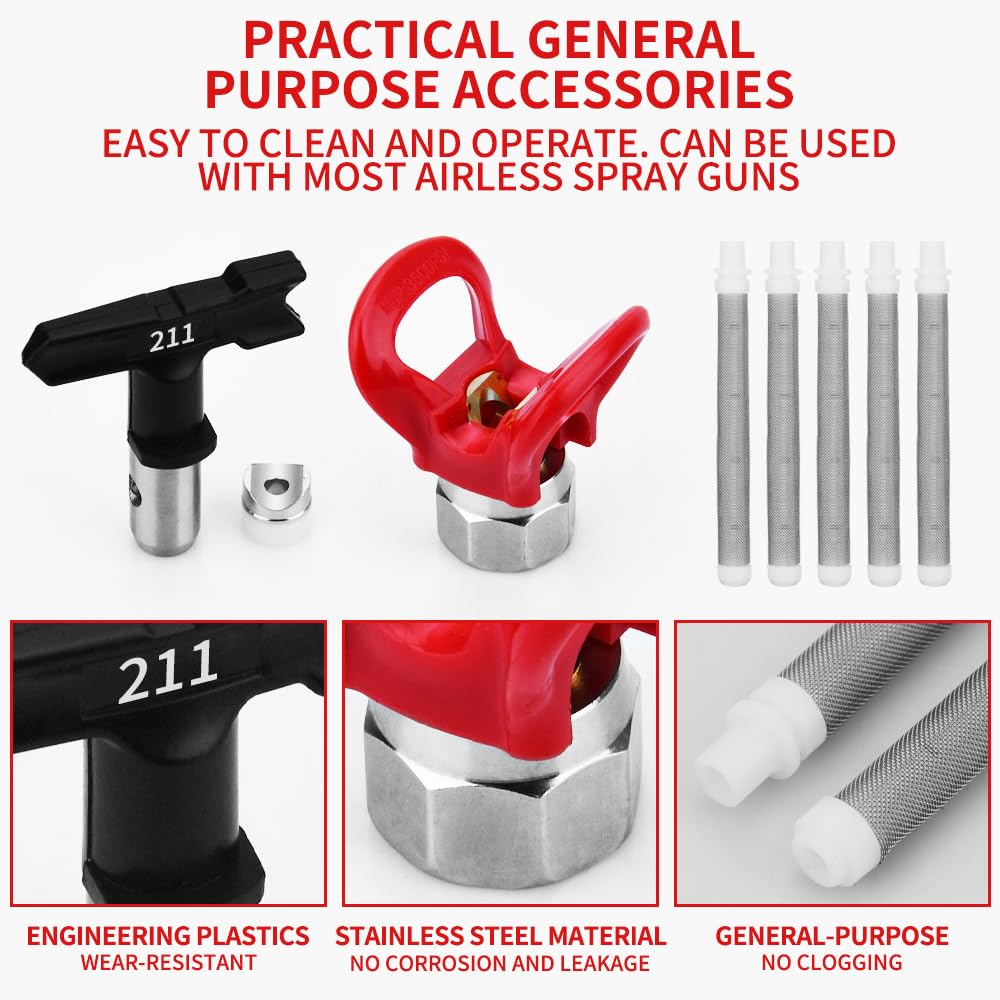 3600 PSI High Airless Paint Sprayer Gun with Nozzle Guard and with 5 Spray Nozzle Tips and 5 Airless Paint Sprayer Gun Filters and 16Inch(40CM) Spray Painted Extension Pole (211, 313, 415, 517, 623)