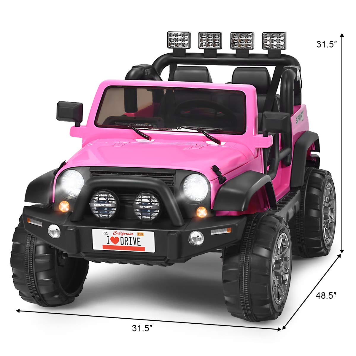 Costzon 2-Seater Ride on Truck, 12V Battery Powered Electric Vehicle Toy w/Storage, Remote Control, 3 Speed, LED Lights, MP3, Horn, Music, 2 Doors Open, Spring Suspension, Ride on Car for Kids (Pink)