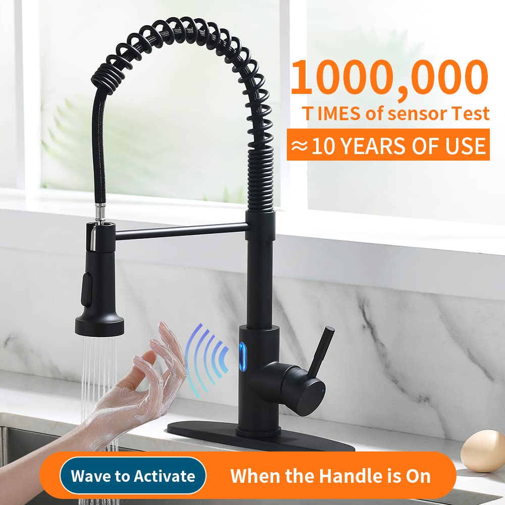 OWOFAN Touchless Kitchen Faucet with Pull Down Sprayer LED Light Single Handle Kitchen Sink Faucet Motion Sensor Smart Hands-Free Black