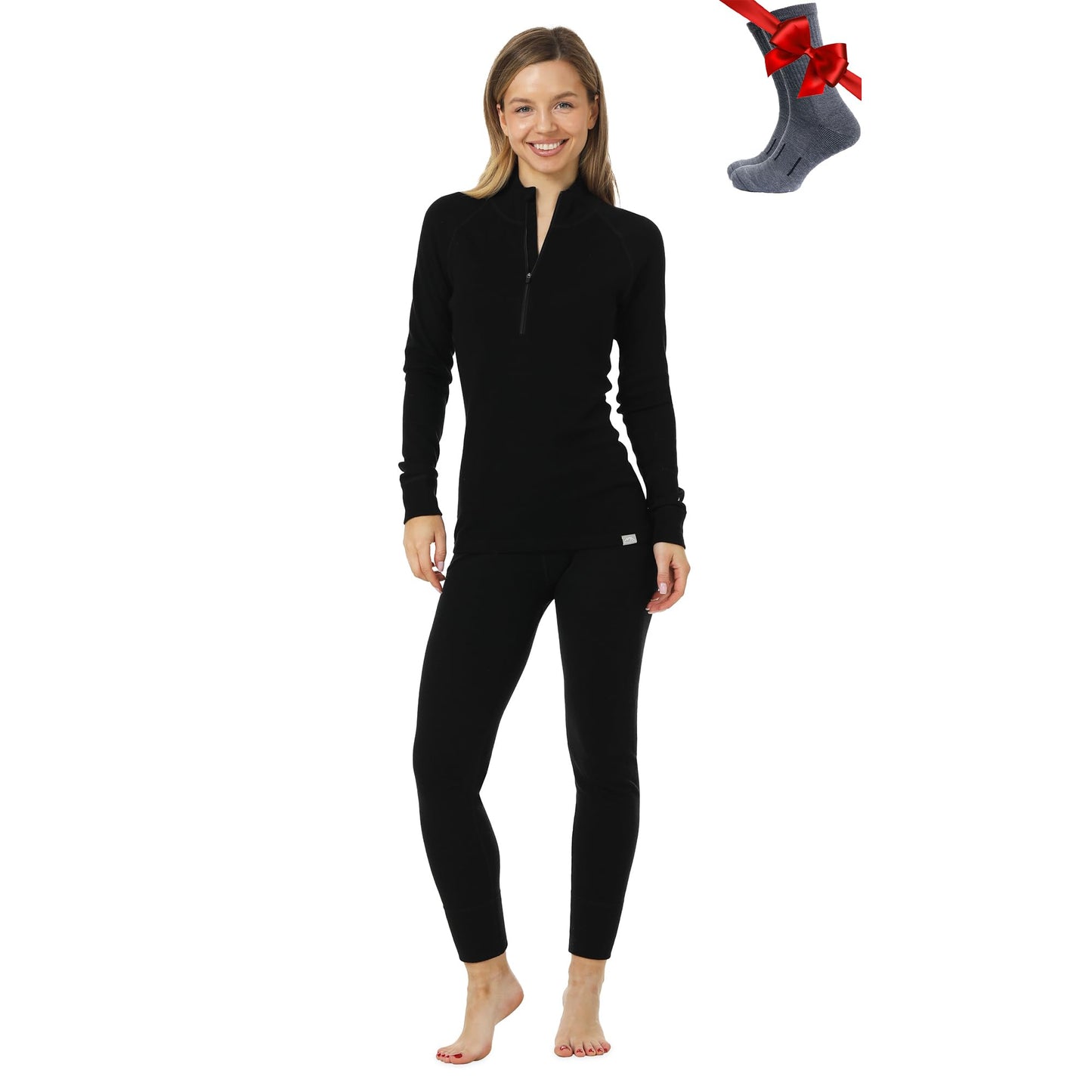 Merino.tech Merino Wool Base Layer Women Set - Heavyweight, Lite, Midweight Merino Thermal Underwear For Women Top, Bottom (Large, 250 Black Zip-up Set)