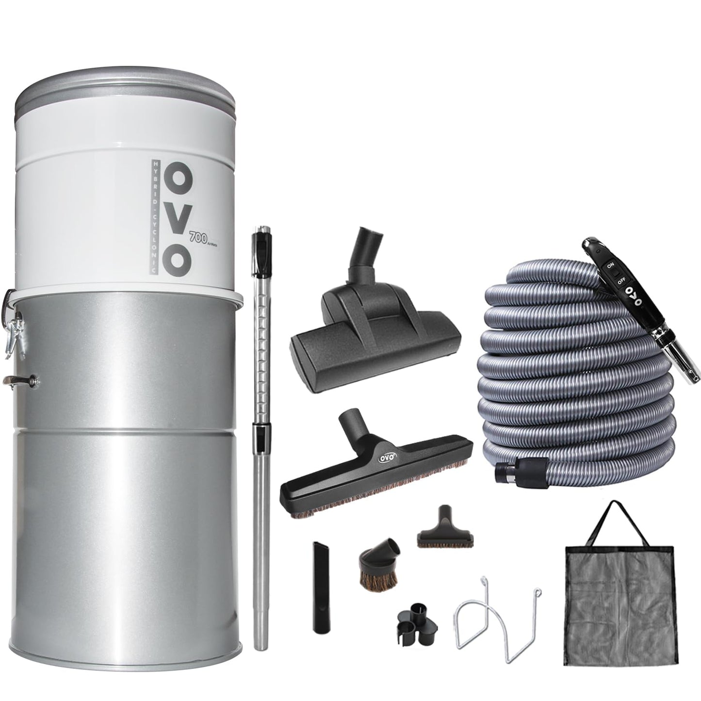 OVO Heavy Duty Powerful Central Vacuum System, Hybrid Filtration (with or Without Disposable Bags) 35L or 9.25Gal, 700 Airwatts with 40ft Deluxe Plus Accessory kit Included