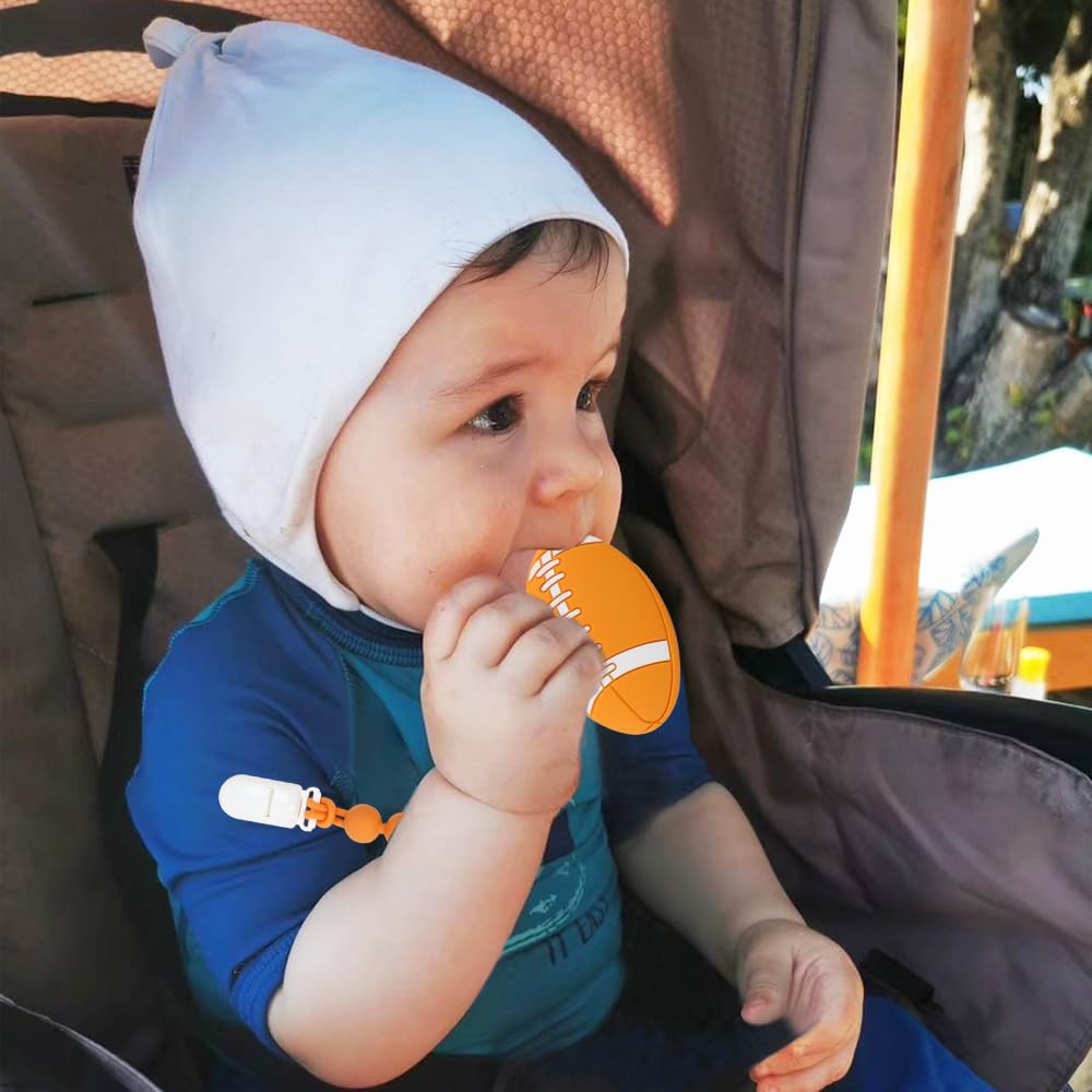 Baby Sports Ball Teething Toys,Food Grade Silicone Teether with One-piece Pacifier Clip Holder,Shower Gift,Teething Pain Relief for 3 Months+ Boy and Girl,BPA Free,Freezer Safe. (American Football)