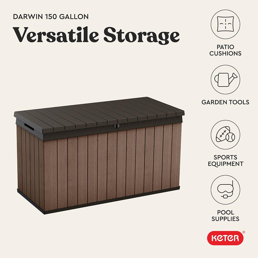 Keter Darwin 150 Gallon Resin Large Deck Box - Organization and Storage for Patio Furniture, Outdoor Cushions, Garden Tools and Pool Gear