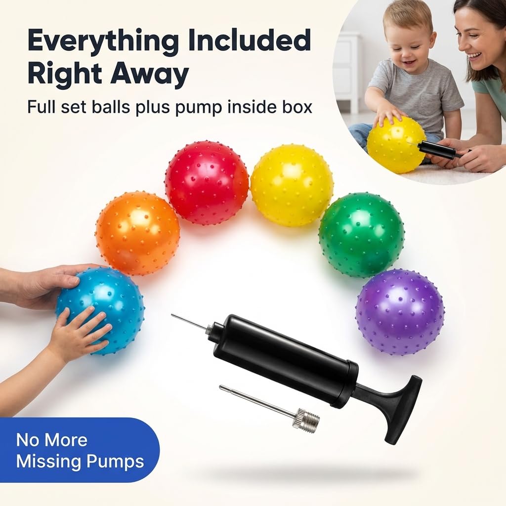 Bedwina Mini Knobby Balls - (Pack of 12) Bulk 5 Inch Sensory Balls and Spiky Massage Stress Balls with Pump, Fun Bouncy Ball Party Favors