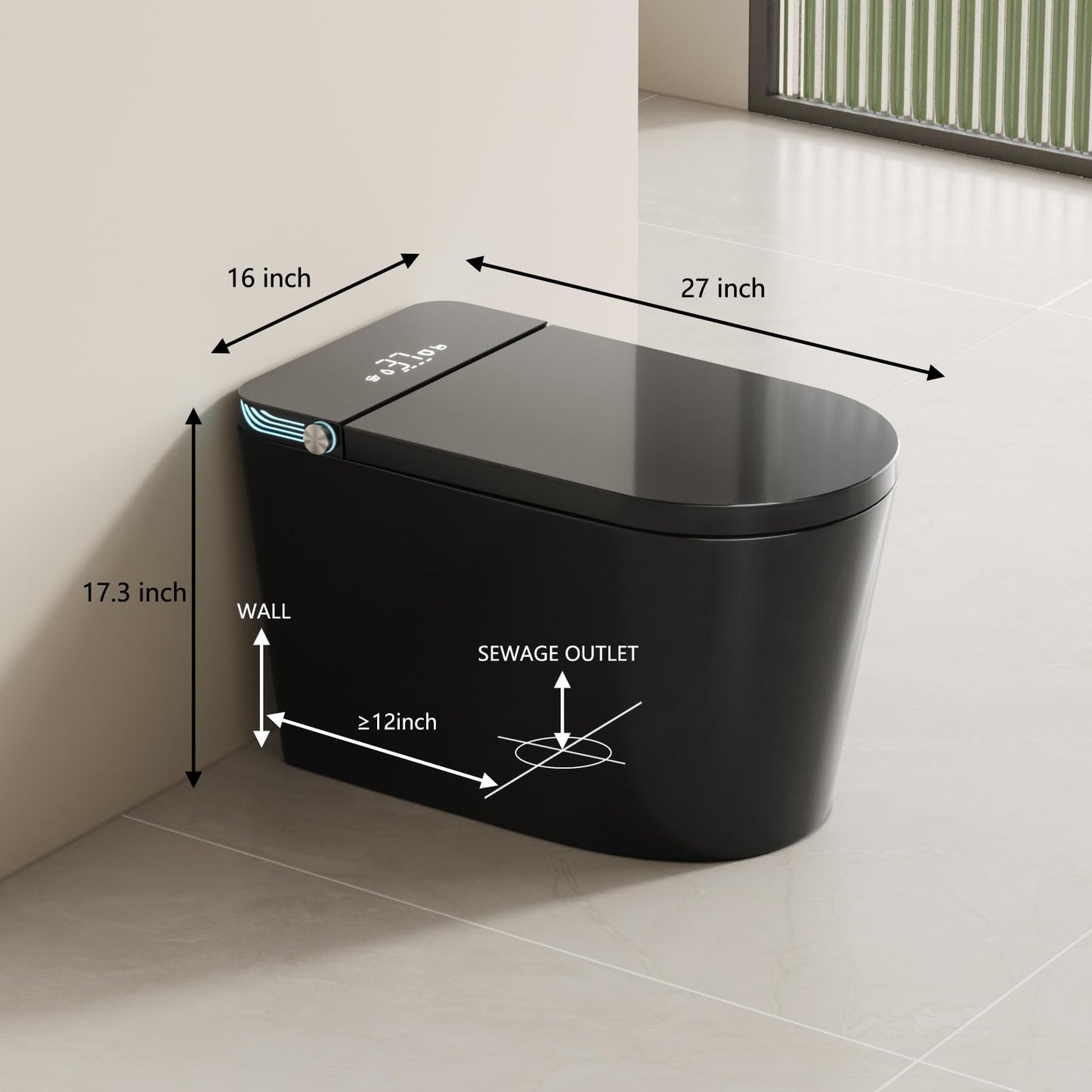 Black Smart Toilet with Auto Open/Close Lid, Modern Intelligent Tankless One Piece Toilet with Bidet Built In, Warm Water, Warm Air Drying, Self-Cleaning Heated Seat Toilet with Remote Control.