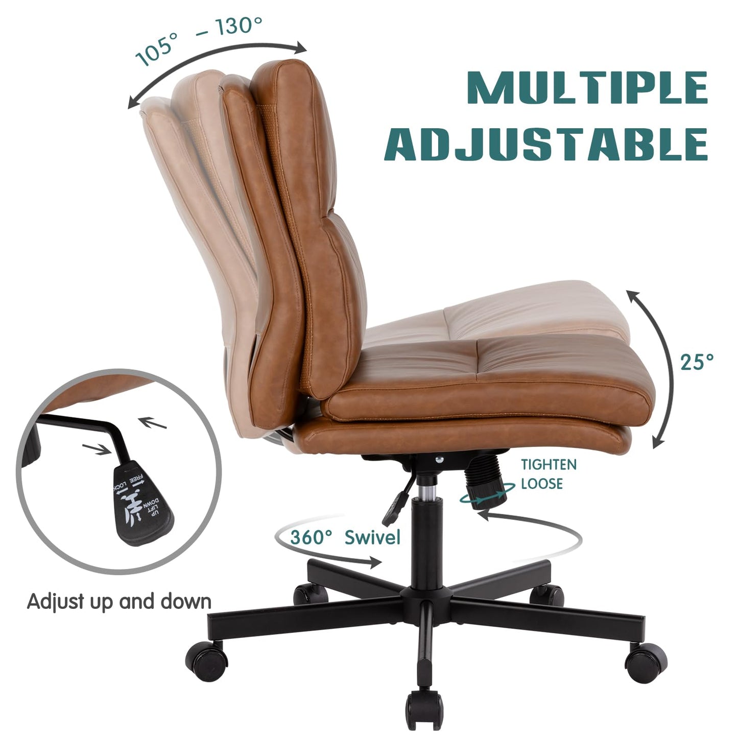 LUCKWIND Armless Office Desk Chair with Wheels, Mid-Back Criss Cross Swivel Task Chair, Height Adjustable Cushioned Vanity Chair, Double Padded PU-Leather Chairs for Home, Office & Bedroom (Brown)