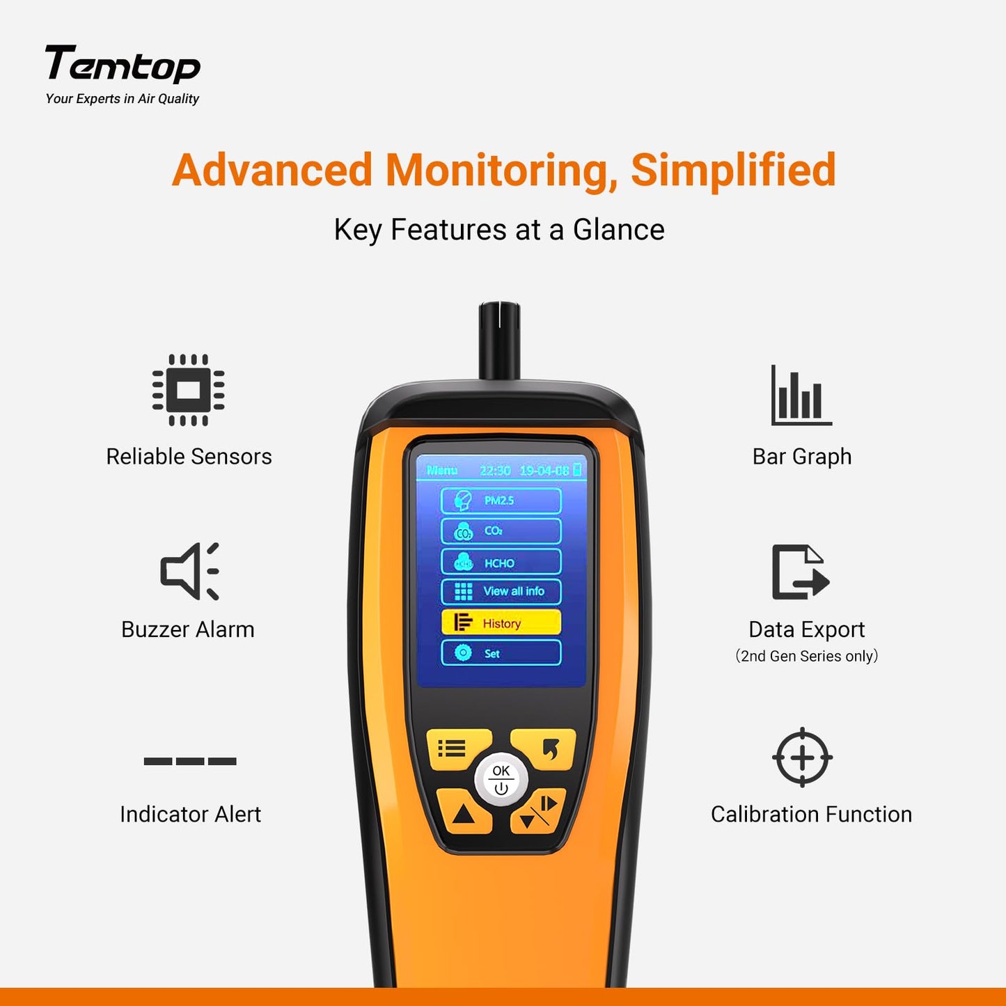 Temtop Advanced Air Quality Monitor for CO2, PM2.5, PM10, with Audio Alarm, Temp & Humidity Insights, Plus Data Export for in-Depth Analysis, M2000C 2ND