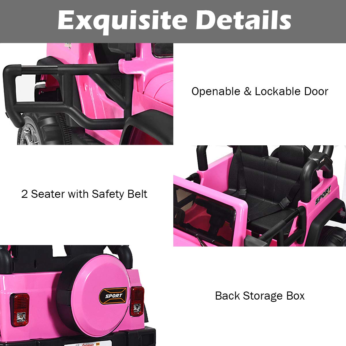 Costzon 2-Seater Ride on Truck, 12V Battery Powered Electric Vehicle Toy w/Storage, Remote Control, 3 Speed, LED Lights, MP3, Horn, Music, 2 Doors Open, Spring Suspension, Ride on Car for Kids (Pink)