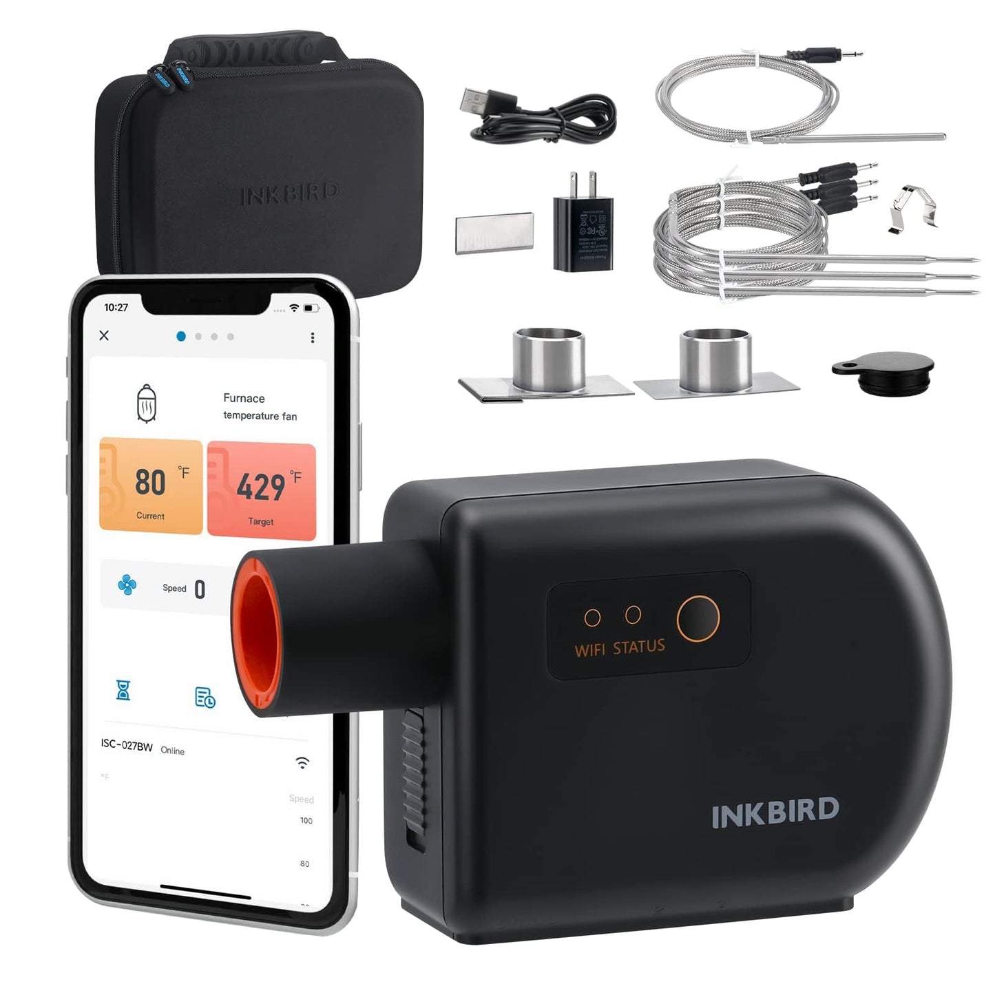 Wi-Fi & Bluetooth BBQ Smoker Temperature Controller with Automatic Smoker Fan, INKBIRD ISC-027BW Grill Thermometer with 4 Probes for Big Green Egg, Kamado Joe, Primo, Vision Grill, Akorn Kamado, Weber