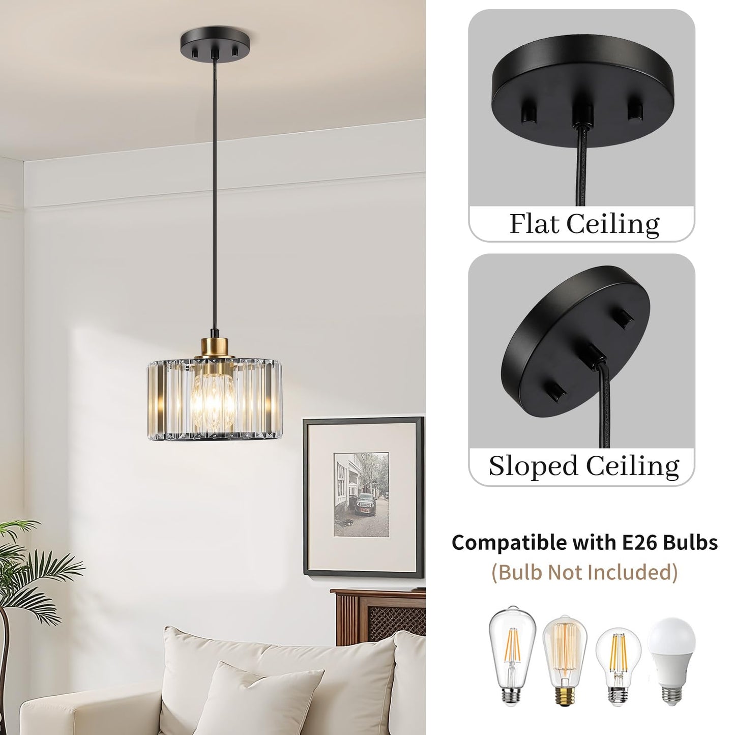 TALOYA Pendant Lights Kitchen Island Black and Gold, Crystal Pendant Light Modern for Dining Room, Height Adjustable Chandelier Hanging Island Light Fixtures for Kitchen Hallway(Bulb Not Included)