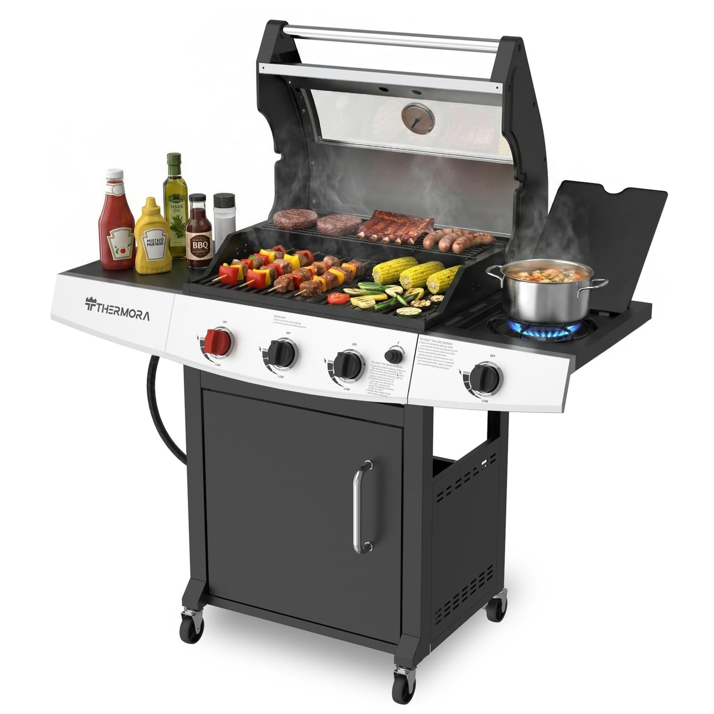 THERMORA 3 Burners Propane Gas Grill 50,000 BTU with Side Burner 553 Sq.in, Porcelain-Enameled Grates BBQ Grills, Stainless Steel Propane Grill for Outdoor Cooking Patio Garden Family Party Barbecues
