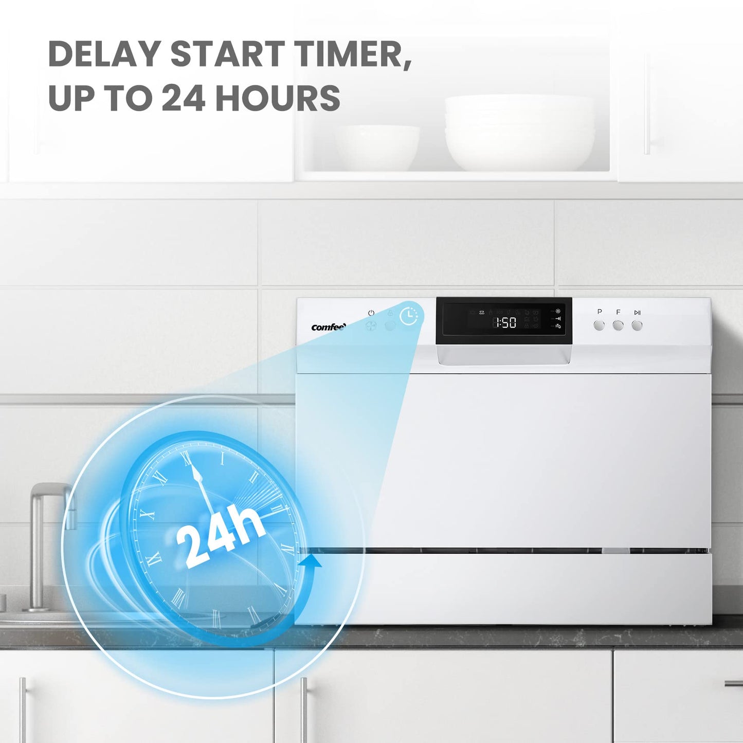 COMFEE’ Portable Mini Dishwasher, Energy Star, Countertop, 6 Place Settings, with 8 Washing Programs, Speed, Baby-Care, ECO& Glass, Dish Washer for Dorm, RV& Apartment, White