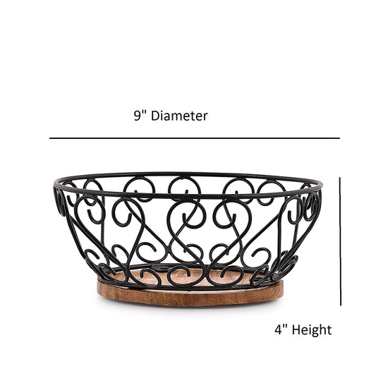 EDHAS Iron Fruit Bowl With Wooden Base for Kitchen Countertop & Dining Room and Pantries (9" x 9" x 4")