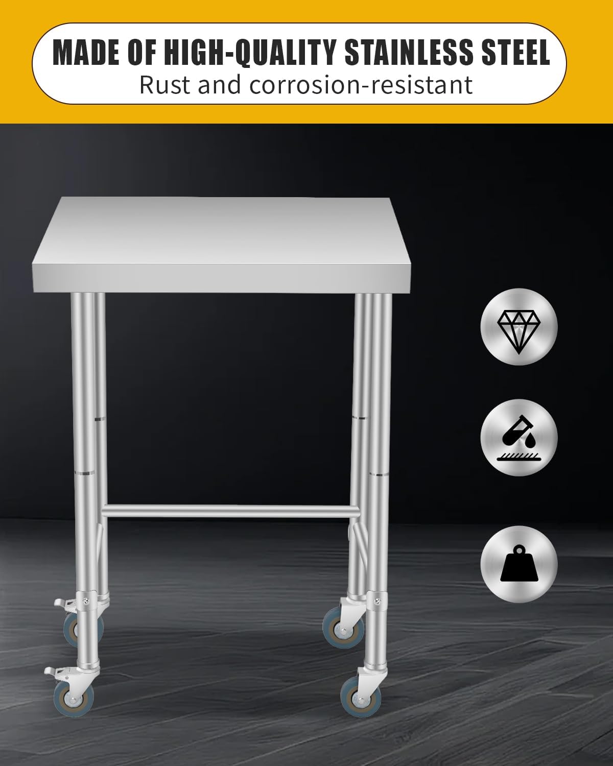 18X24x35 Inch Stainless Steel Table, NSF Heavy Duty Worktable with Open Base & Casters, Rust-Resistant Utility Prep Table for Kitchen, Restaurant, Garage, Indoor/Outdoor