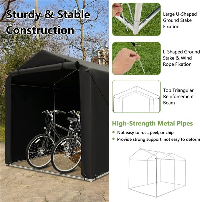 ERGOMASTER 7 x 5.2 x 5.4Ft Outdoor Storage Shed with Waterproof Cover, Roll-Up Zipper Door, Wind Rope, Ground Stake,Heavy Duty Portable Tent for Storage Bikes, Garden Tools, Motorcycles