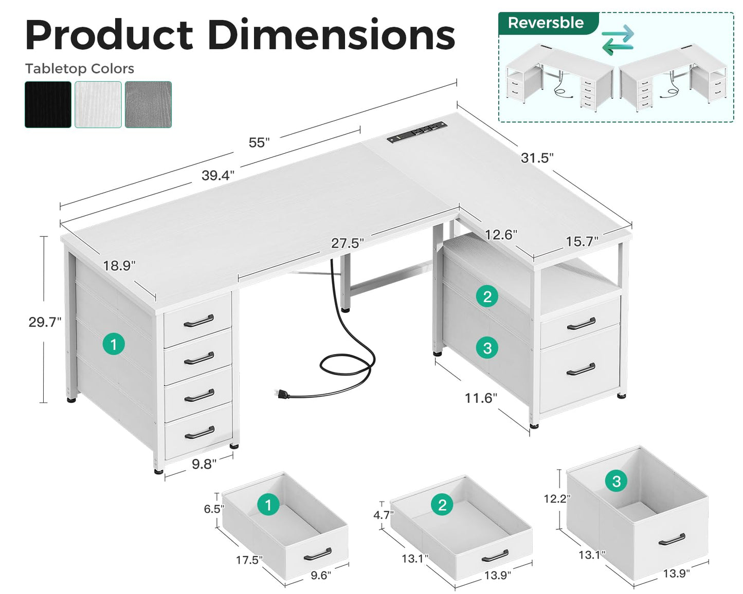 Coleshome L Shaped Computer Desk with 6 Drawers & Power Outlet, 55 Inch Corner Desk with Reversible Storage Shelf & File Drawer, Home Office Desk, White
