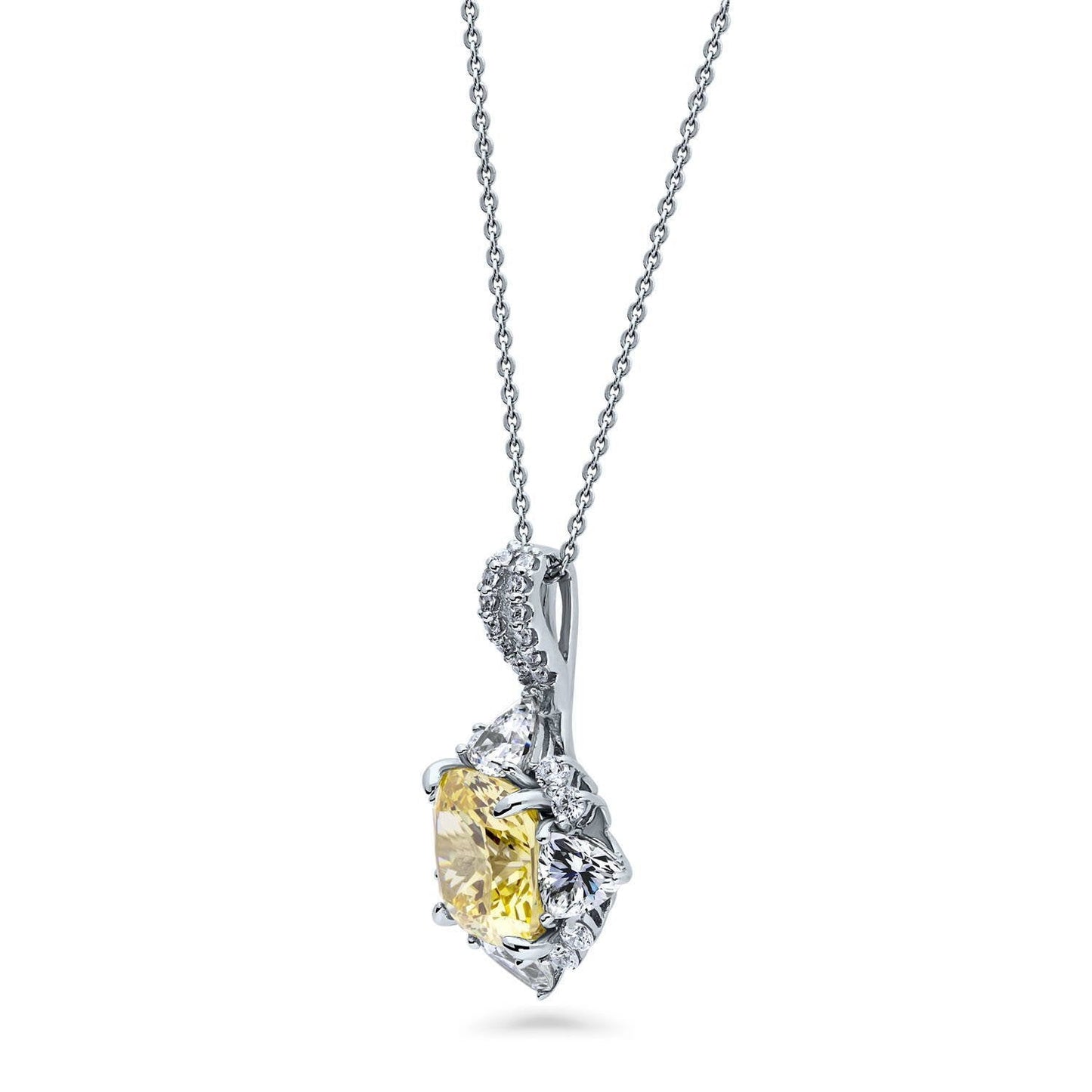 BERRICLE Sterling Silver Halo Canary Yellow Cushion Cut Cubic Zirconia CZ Flower Fashion Necklace and Earrings Set for Women, Rhodium Plated