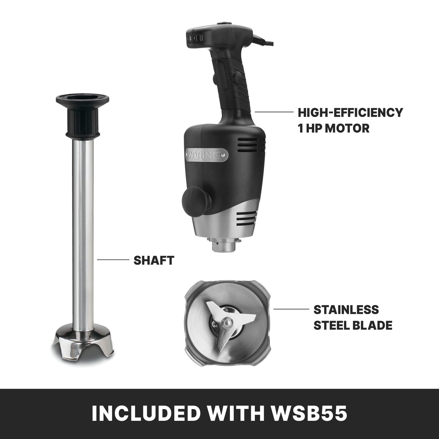 Waring Commercial Big Stix Heavy Duty Stick Immersion Hand Held Blender, 14" Removable Shaft, 1 HP, 750 Watt, Variable Speed Motor, Professional Restaurant Grade, 15 Gal Capacity, 120V, 5-15P WSB55, Black/Silver
