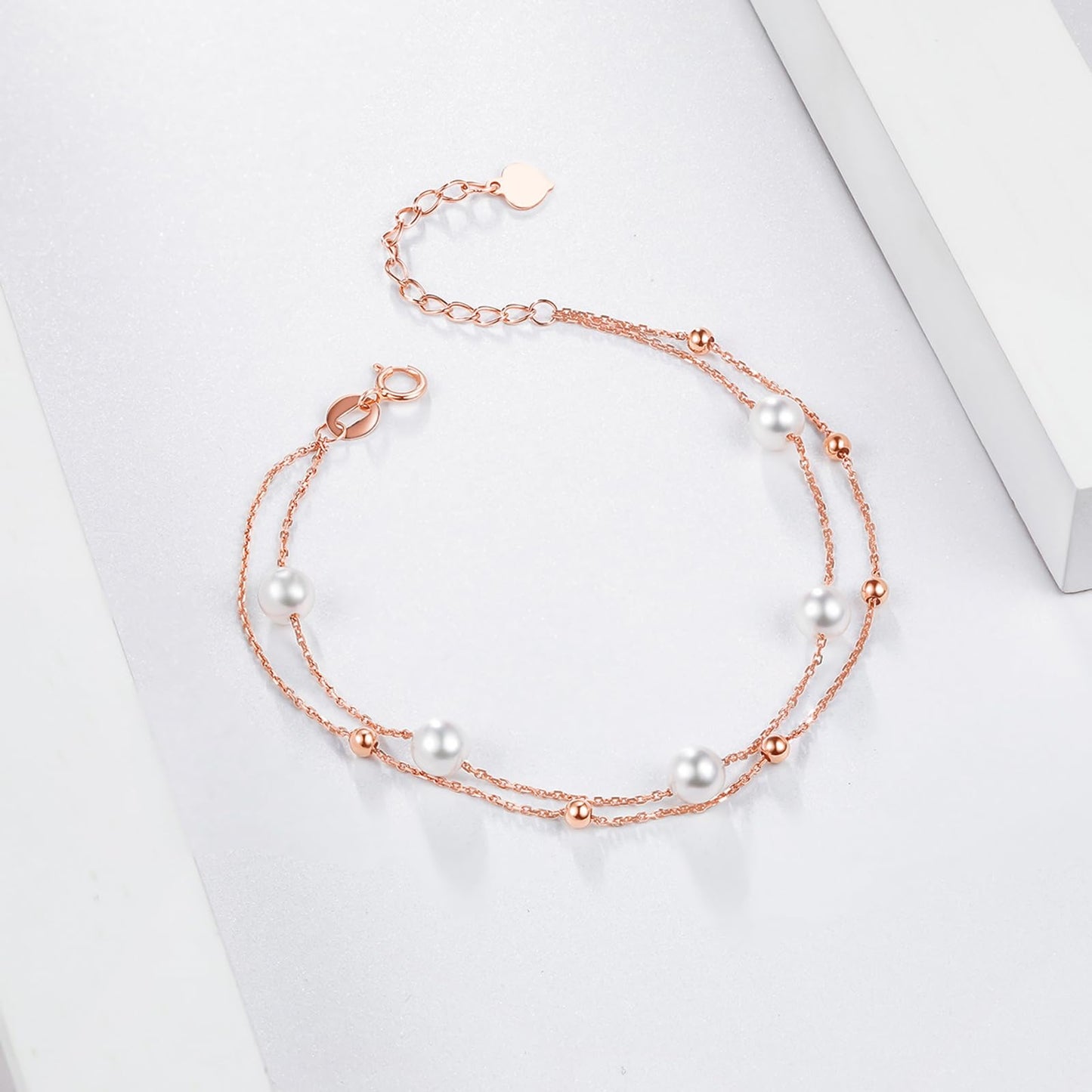 ZHOU LIU FU 18K Rose Gold Chain Bracelet Thin Link Small Beads Freshwater Pearls Bracelet Dainty Jewelry Set Layered Bracelets for Women Mom Daughter Friends Gifts Birthday Anniversary