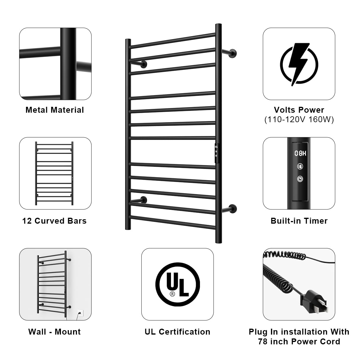 MENATT 12 Bars Heated Towel Warmer Racks Wall Mounted, Electric Heated Towel Rack for Bathroom,Towel Warmer Rack with Built-in Timer,Adjustable Temperature,Matte Black