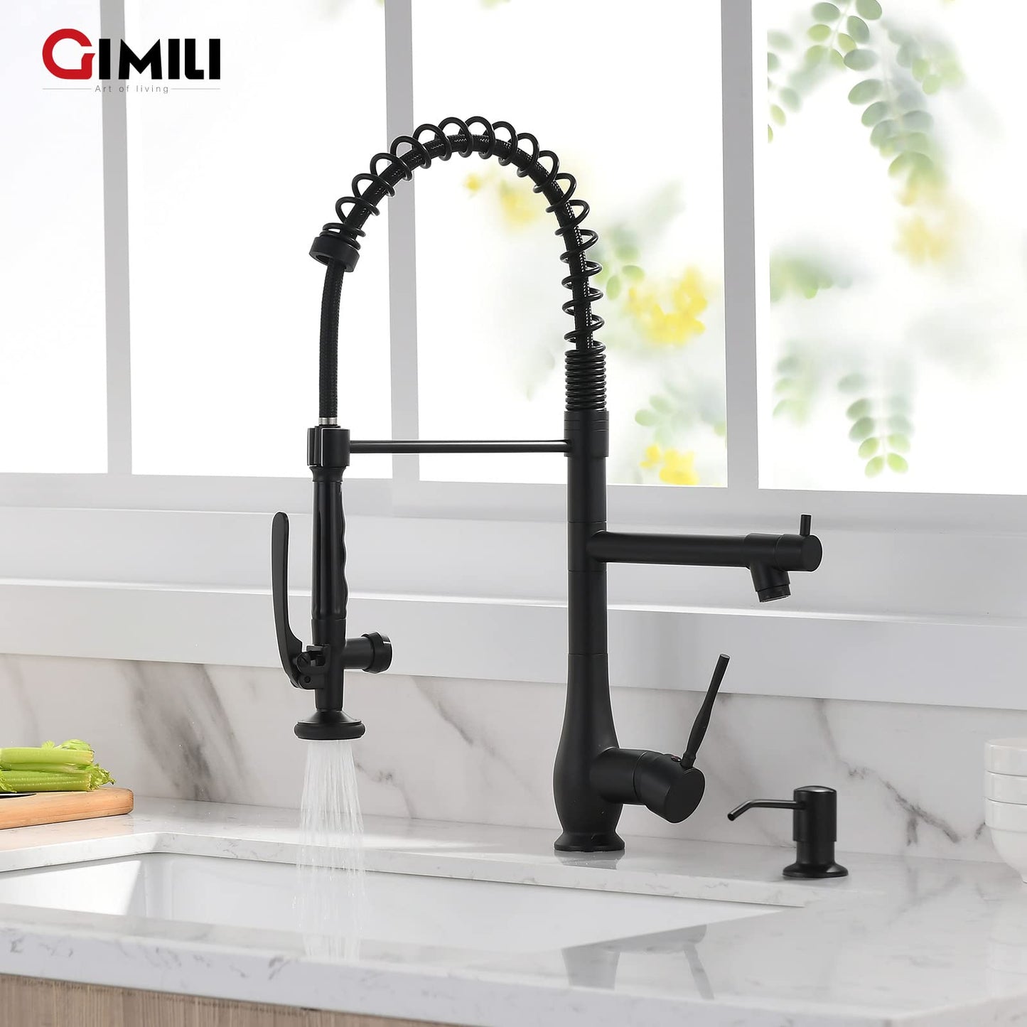 GIMILI Commercial Kitchen Faucet with Pull Down Sprayer, Double Headed Single Handle High Pressure Kitchen Faucet with Soap Dispenser Matte Black